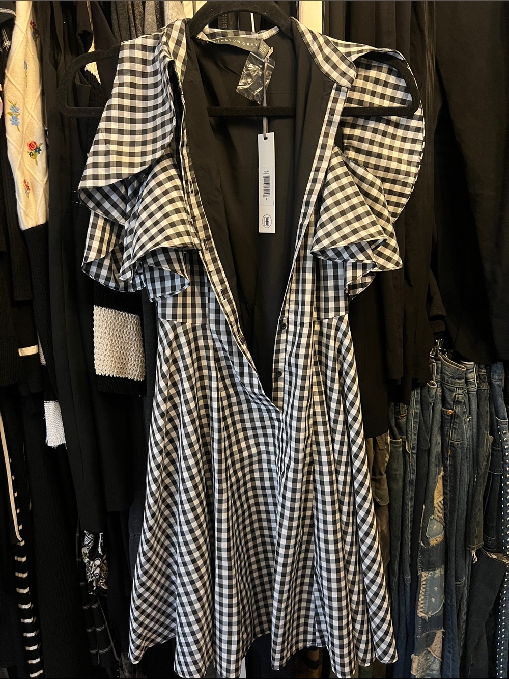 Alton Gray Black & White Gingham Ruffle Dress
